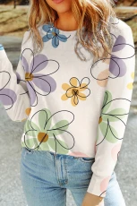 Beige Flower Print Crew Neck Long Sleeve T Shirt - BEIGE / / 95%POLYESTER+%ELASTANE