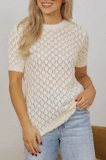 Beige Hollow Out Crochet O Neck Short Sleeve Sweater Tee - Beige / / 100%Acrylic