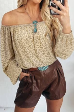 Beige Leopard Velvet Burnout Off Shoulder Long Sleeve Blouse - BEIGE / / 59%POLYESTER+%POLYAMIDE+%ELASTANE