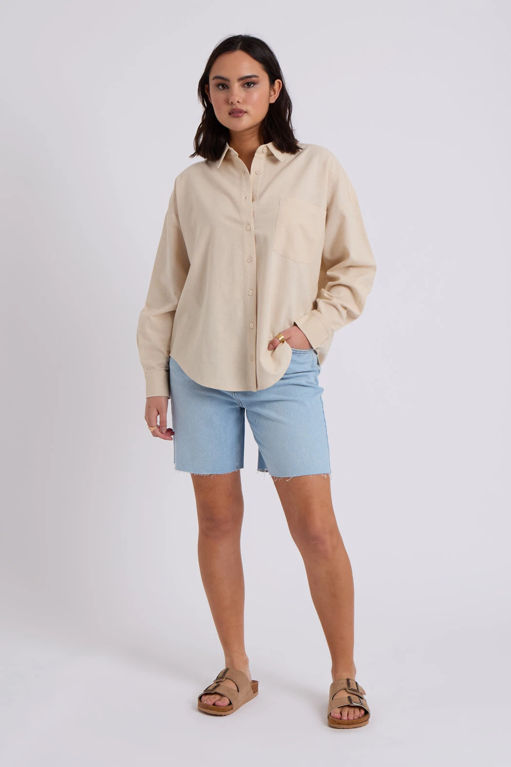Beige Linen Blend Oversized Shirt /