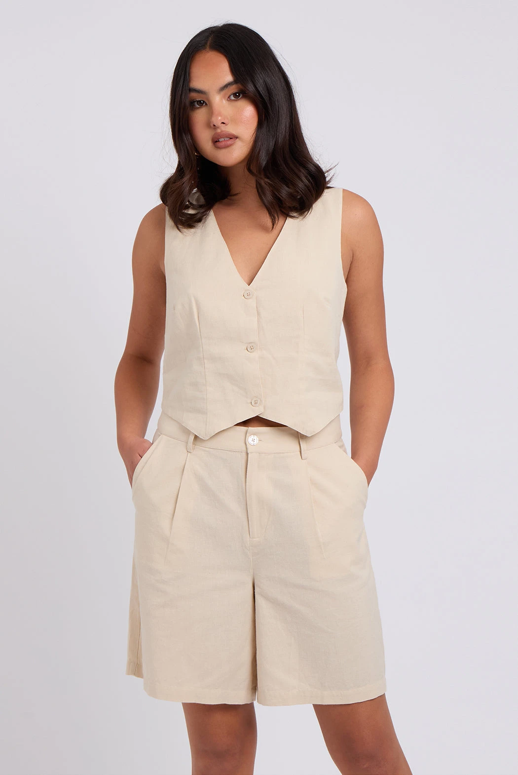 Beige Linen Blend Short Stone /
