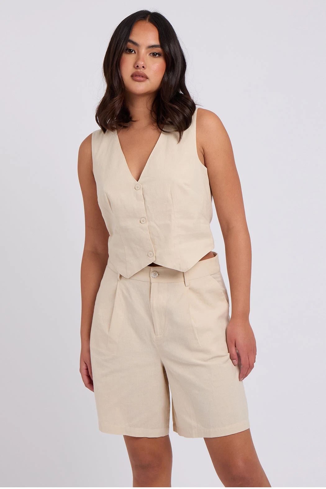 Beige Linen Blend Waistcoat /