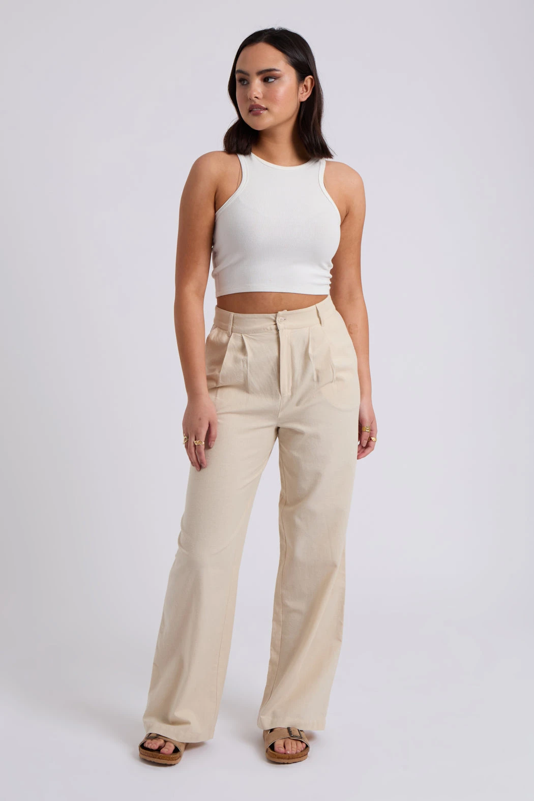 Beige Linen Blend Wide Leg Trouser /