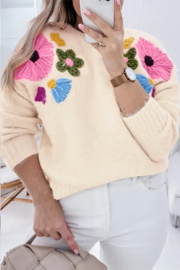 Beige Plus Size Crochet Flower Pullover Sweater - BEIGE / 4X / %ACRYLIC+%POLYESTER+%POLYAMIDE