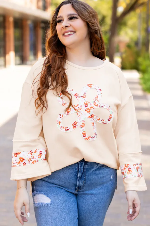 Beige Plus Size Flower Patched Side Slits Crewneck Top - BEIGE / 2X / 65%POLYESTER+%COTTON