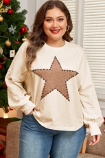 Beige Star Shape Studded Crew Neck Plus Size T Shirt - BEIGE / 1X / 85%POLYESTER+%COTTON+%ELASTANE