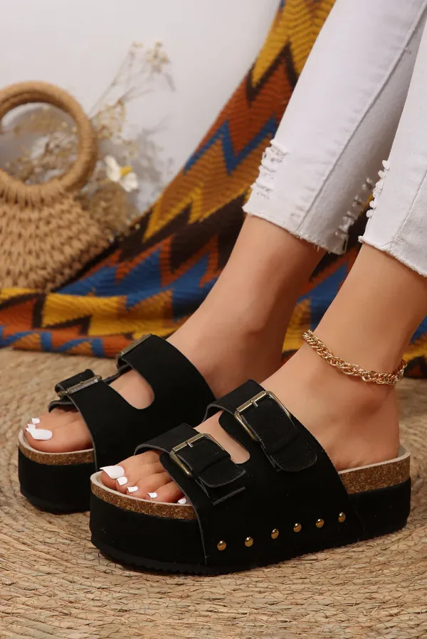 Beige Suede Buckle Decor Footbed Sandal Sandals - BLACK / - BLACK
