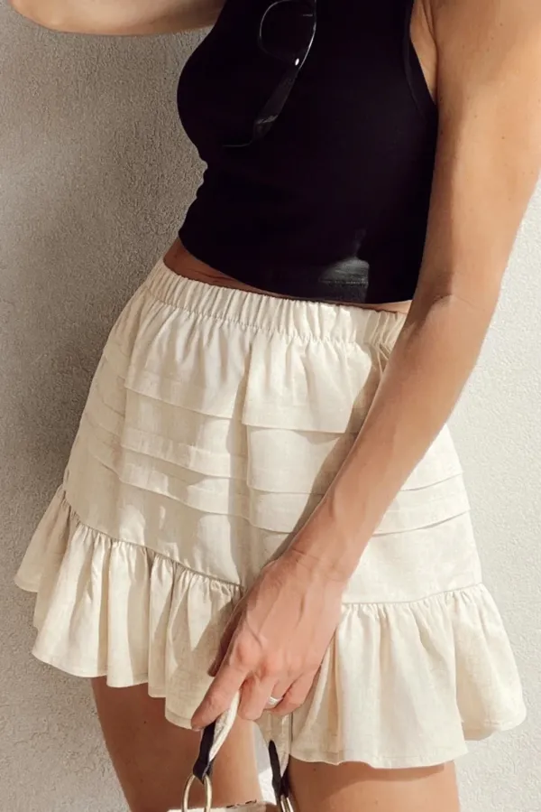 Beige Tiered Ruffled Hemline Elastic Waist Mini Skirt - Beige / / 100%Polyester - Beige