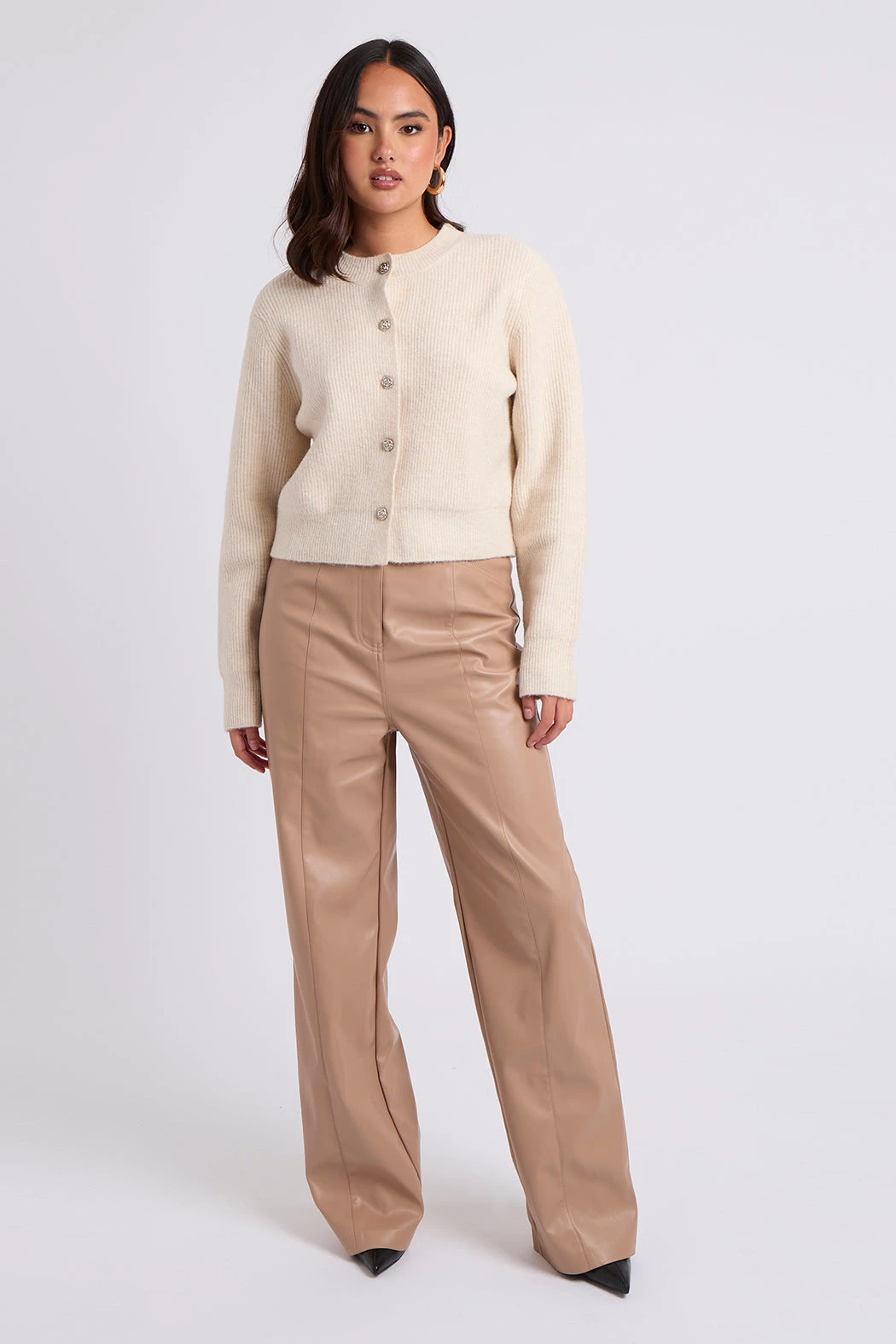 Beige Wide Leg PU Trouser /