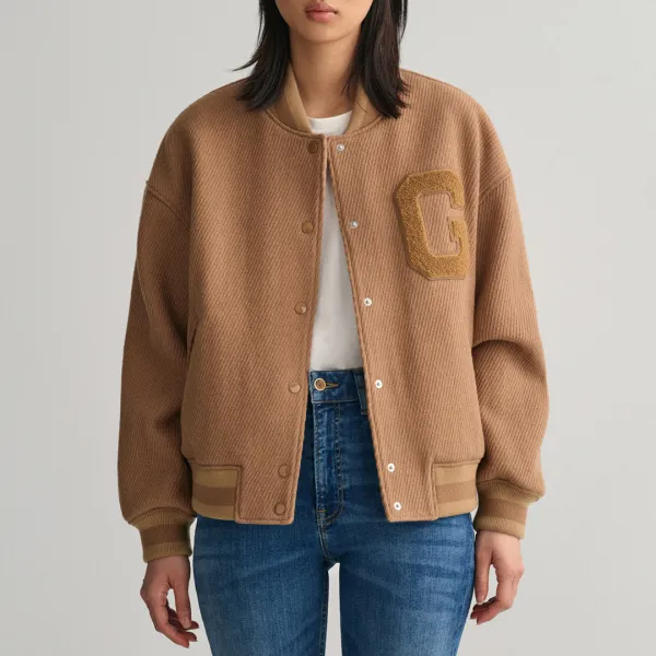 Beige Wool Twill Varsity Jacket - Green