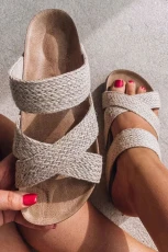 Beige Woven Cross Criss Hollowed Slip-On Sandals - BEIGE /