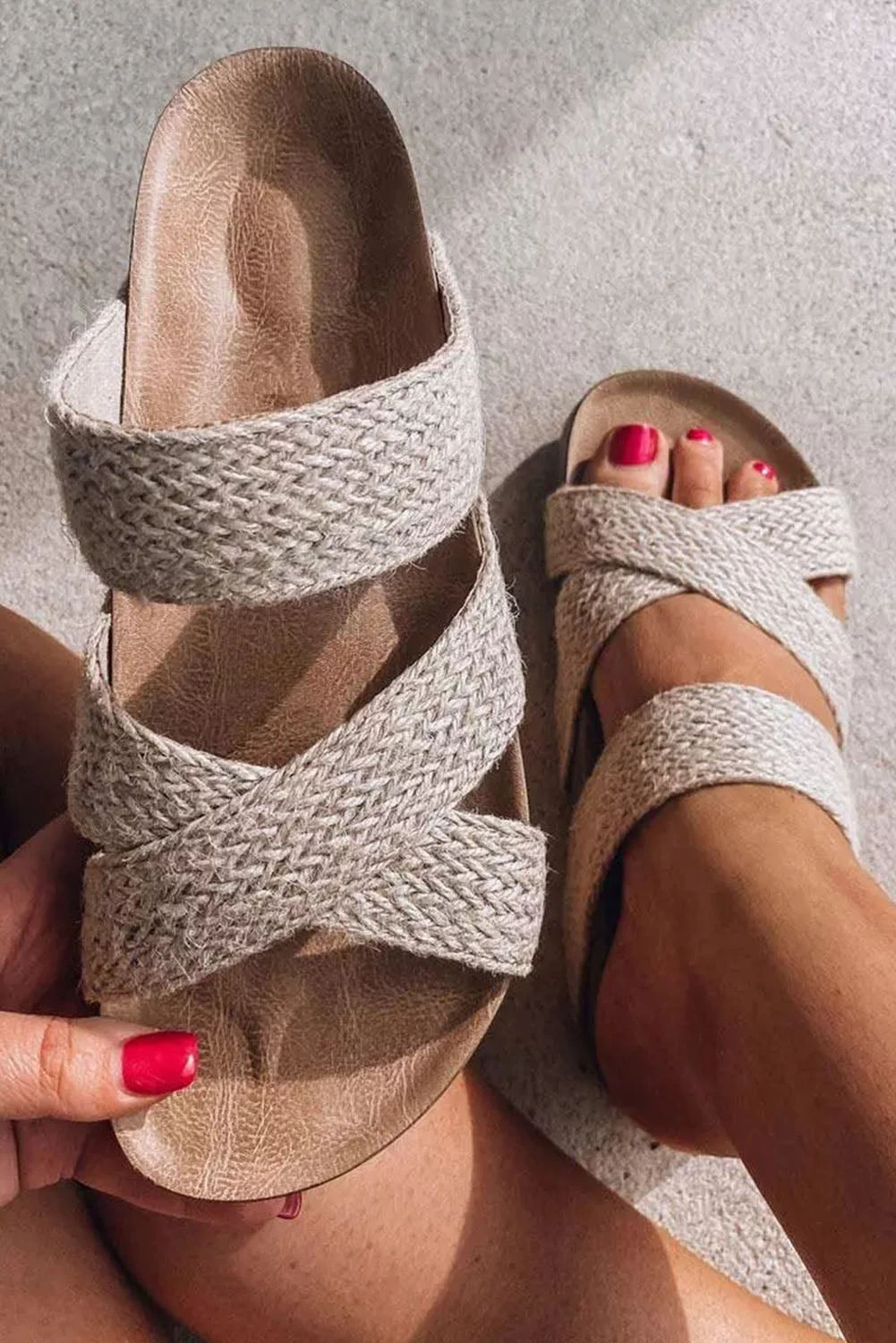 Beige Woven Cross Criss Hollowed Slip-On Sandals - BEIGE /