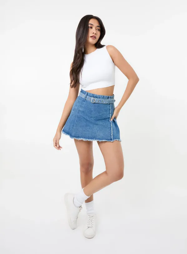 Belt Denim Pleated Mini Skirt - 10 - DENIM