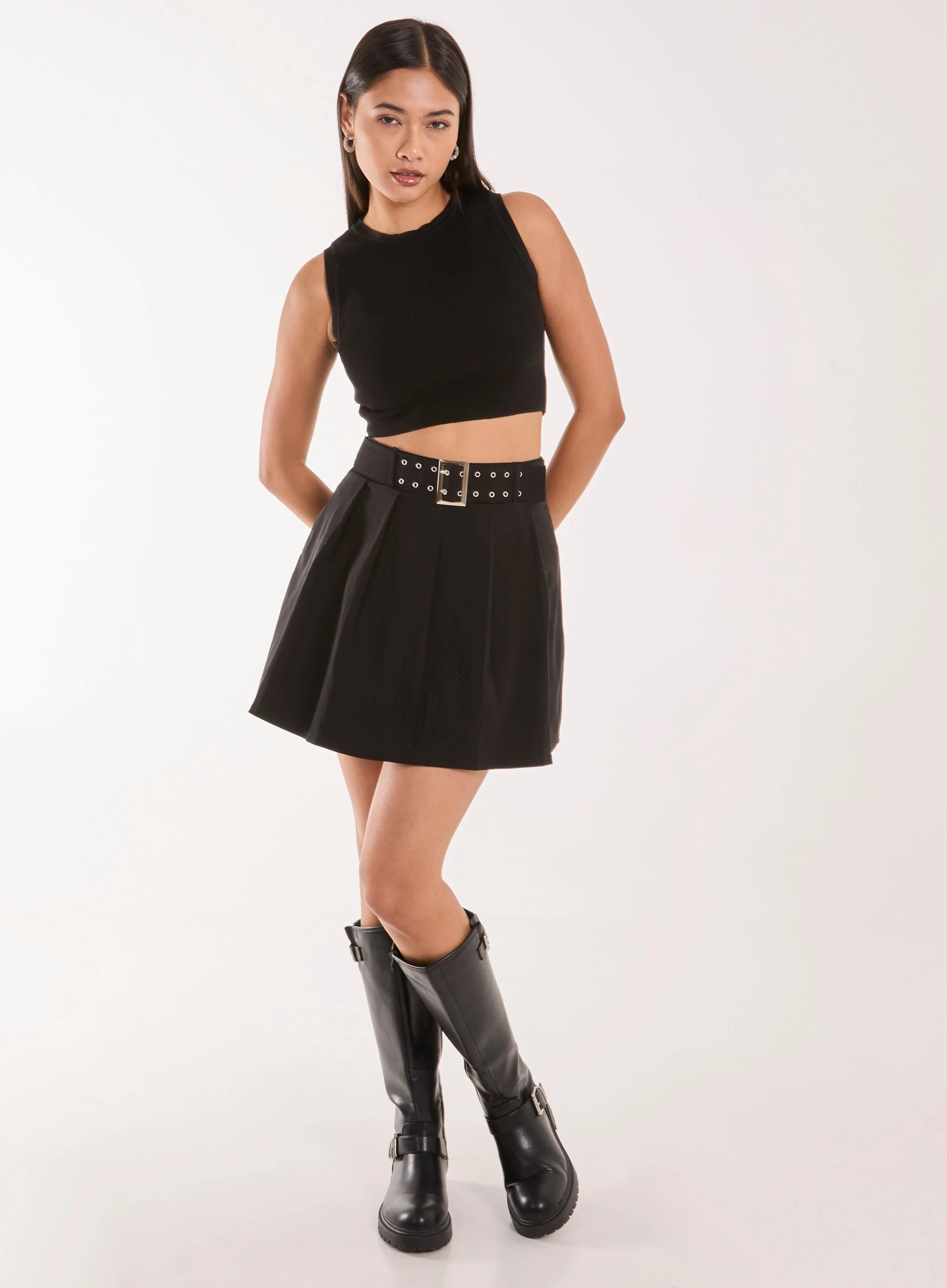 Belted Pleated Mini Skirt BLACK