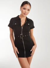 Belted Utility Mini Dress  - L  - BLACK