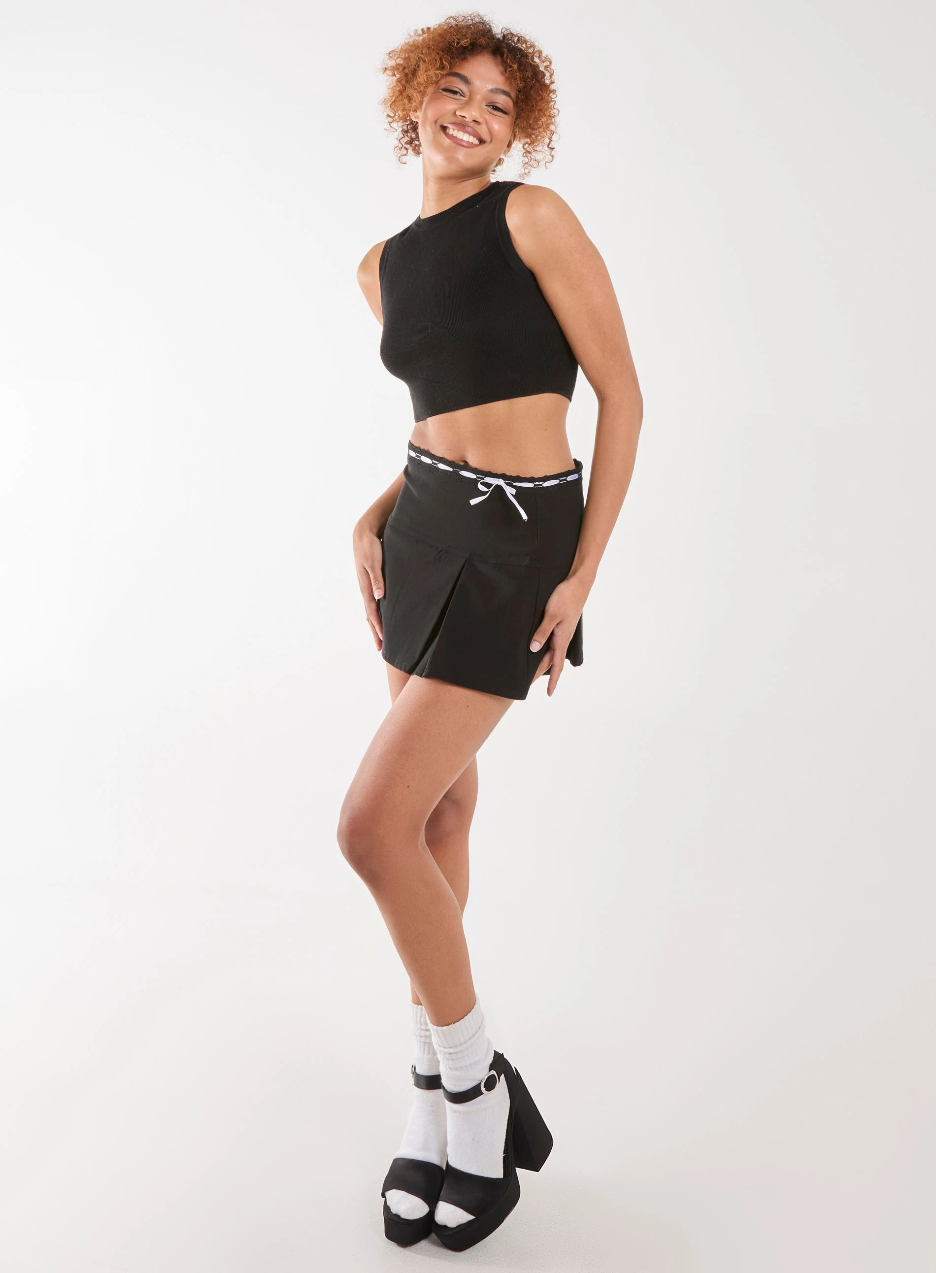 Bengaline Bow Detail Mini Skirt  - L  - BLACK