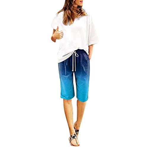 Bermuda Shorts Women's Knee-Length Short Trousers Summer Sports Straight Leg Short Trousers Elegant Sexy Running Shorts High Waist Stretch Summer Shorts with Pockets Bermuda Shorts Women