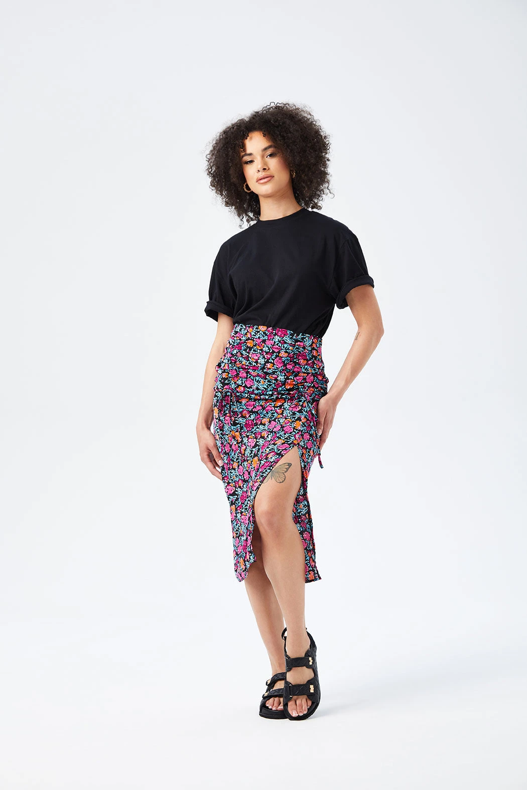 Bethany Floral Sheered Print Midi Skirt Pink /