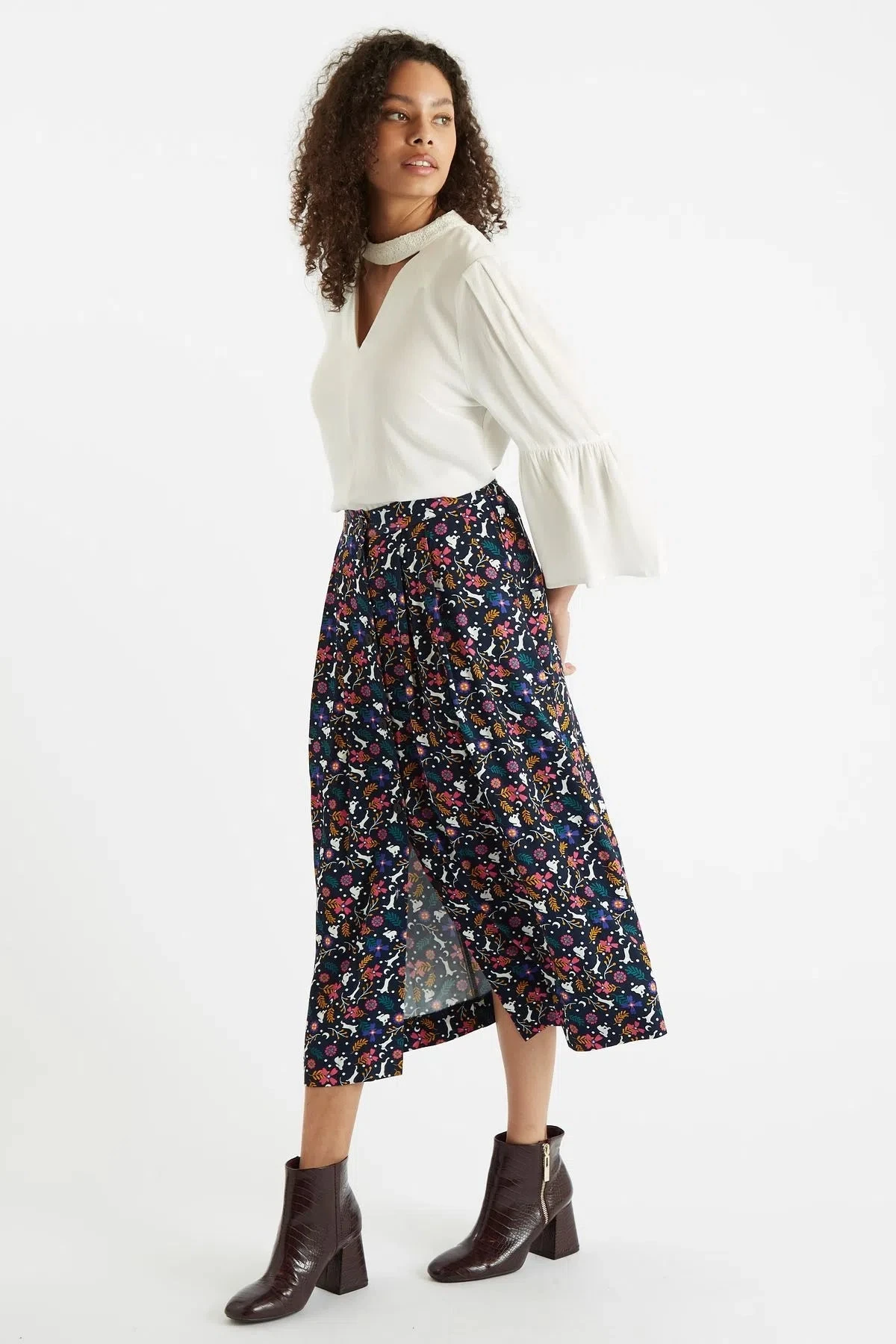 Bia White Rabbit Print Button Through Midi Skirt - Navy