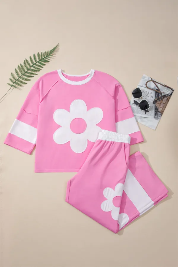 Big Flower Patched Raw Seam 2 Piece Relaxed Trousers Co-ord Set - Pink / L