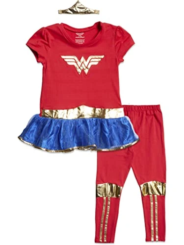 Big Girls Wonder Woman Costume T-Shirt and Leggings Set with Crown 6/6X