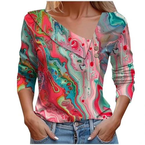 Big Promotion Lightning Deals Women Tops Asymmetrical Neck Long Sleeve Tops Women Gradient Color Printed Blouse Button Down V Neck T Shirt for Women UK 2024 Fashion Casual Dressy Shi Sale Clearance