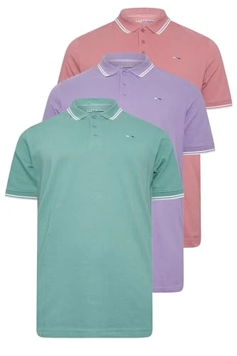 Big & Tall 3 Pack Mineral/Rose Pink/Violet Purple Tipped Polo Shirts - Men's - M to 8XL