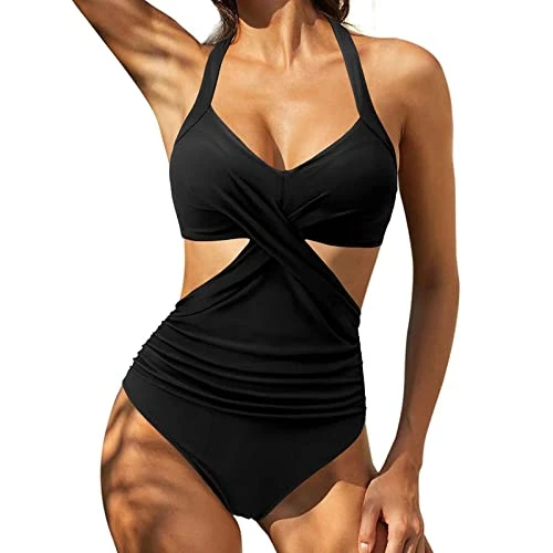 Bikini Retro High Waist Swimdresses Women's Tummy Control Tankini Women's Top Monokini String Monokini String Women's Bikini Halterneck Sexy Bikini Push Up Monokini Sexy Monokini, black, XL