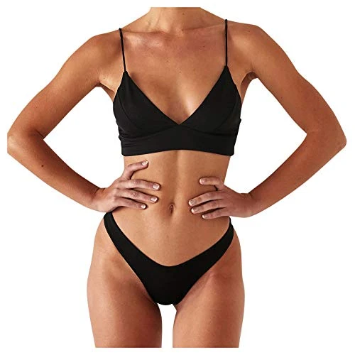 Bikini Set for Women Ladies Sexy Spaghetti Strap Low Waist Thong Swimsuits Two Piece Push Up Bikini Set Swimwear Black