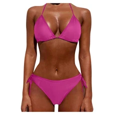 Bikini Set Solid Color Halter Neck Swimsuit Ladies Swimming Costumes Modest Swimwear Briefs Plain Sexy Swimwear Sets Lace Up Two Piece Swimsuit Women Bikini Thongs for Women Two Piece Hot Pink