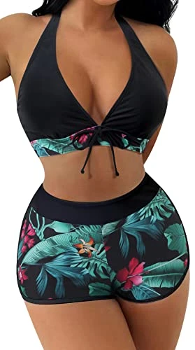 Bikini Sets for Women Halter Swimsuit Two Pieces with Boy Shorts Bathing High Waist Swimwear B