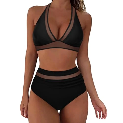 Bikini Sets for Women UK, Bikini Sets for Women UK High Waisted Push Up Two Piece Swimwear Halter Padded Bikini Set Swimming Costume Women Tummy Control Swimsuit Bathing Suits