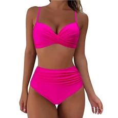 Bikini Sets for Women UK High Waisted Wrap Bikini Set Push Up 2 Piece Solid/Print Swimsuits Vintage Criss Cross Bathing Suits Sexy Bikinis Beach Wear Hot Pink