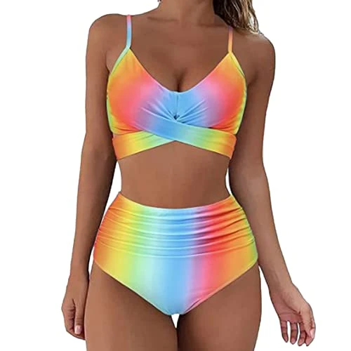 Bikini Sets for Women UK, Push up Quick Dry Swimsuit Swimming Costume Women High Waist 2 Piece Color Print Bathing Suits Women's Wrinkle Tummy Control Bikini Set Criss Cross Swimwear Sale Clearance