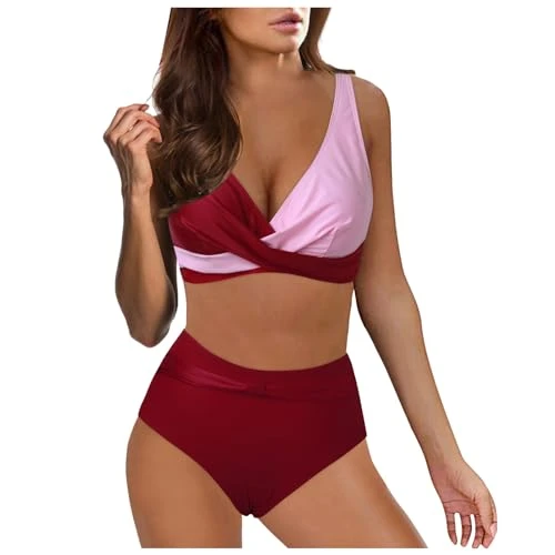 Bikini Women Set High Waist Bikini Sexy Push Up Two Piece Swimsuit Vintage Swimsuit Two Piece Retro Bikini Set V Neck Criss Cross Swimwear Bikini for Women, Wine Red, XXL
