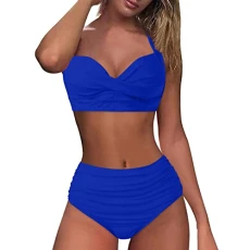 Bikini Women Set Sexy Women Vintage Swimsuit Two Piece Retro Ruched High Waist Printed Bikini Set Sport Swimsuit Women Two Piece Swimwear Swimsuit Women Tummy Control, blue, XXL