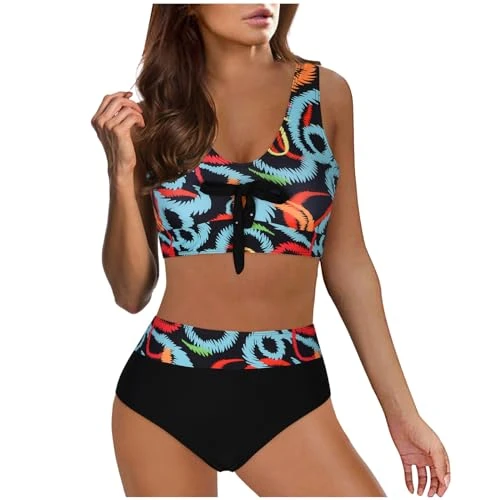 Bikini Women's Tummy Control High Waist Bikini Sexy Push Up Two Piece Swimsuit Vintage Swimsuit Two Piece Retro Bikini Set with Ruffled Print High Waist Sports Swimsuit Women, black, M