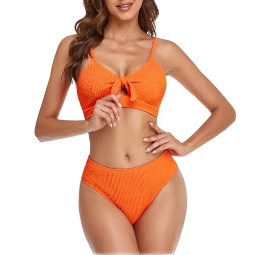 Bikini Women's Tummy Control Women Summer Plain Fashion Sexy High Waist Bikini Swimsuit Bikini Two Piece Swimsuit Bikini Women's Set Swimsuits Beachwear Swimsuit, orange, S