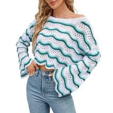 Birthday Gifts for Women Women's Solid Color Pullover Crew Neck Sweater Stripe Apricot Cutout Stripe Crew Neck Micro Flared Sleeve Knit Fashion Sweater Bargains of The Day Sale