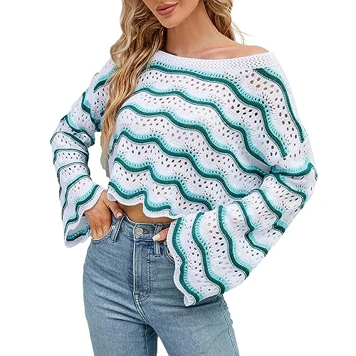 Birthday Gifts for Women Women's Solid Color Pullover Crew Neck Sweater Stripe Apricot Cutout Stripe Crew Neck Micro Flared Sleeve Knit Fashion Sweater Bargains of The Day Sale