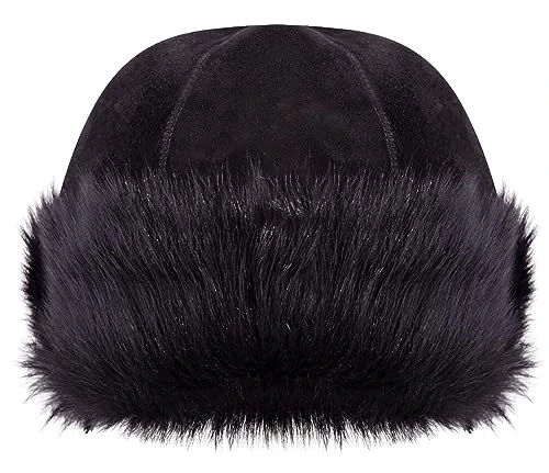 Black 100% Sheepskin Shearling Leather Toscana Beanie Round Ushanka Russian Hat