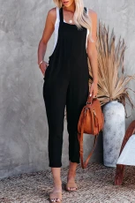Black Adjustable Buckle Straps Cropped Jumpsuit - BLACK / / 100%POLYESTER