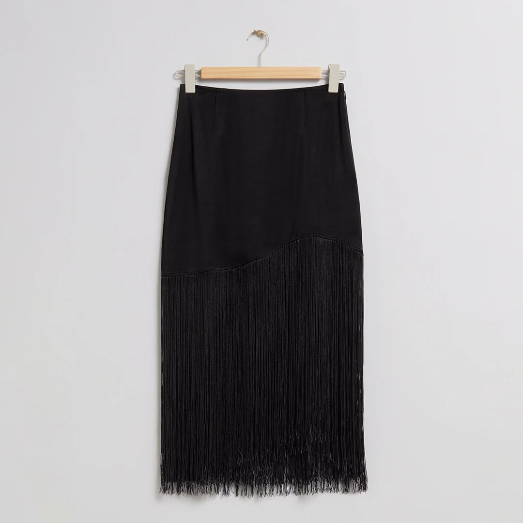 Black Asymmetric Fringe Midi Skirt