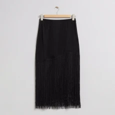 Black Asymmetric Fringe Midi Skirt