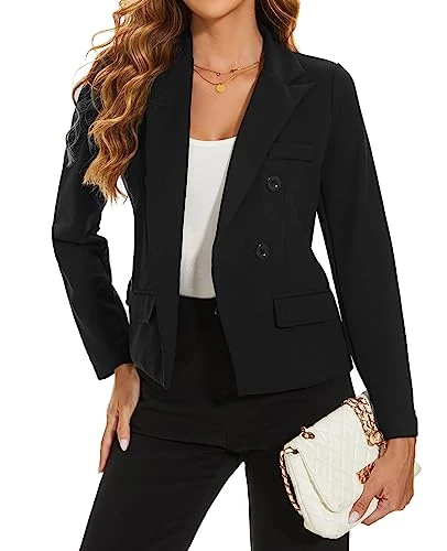 Black Blazer for Women UK Cropped Double Breasted Jackets Peak Lapel Size 20 22 (B-Black XL)
