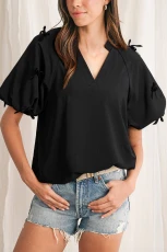 Black Bow Decor Puff Sleeve Split Neck Blouse - Black /