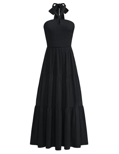 Black Casual A-Line Maxi Dress for Women UK Ladies Summer Boho Tiered Holiday Dress for