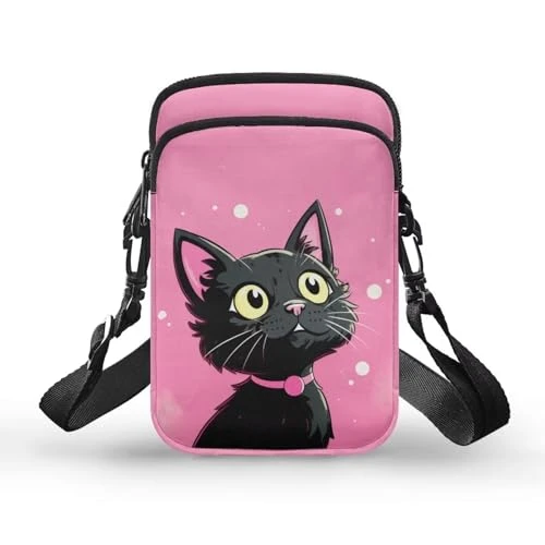 Black Cat Small Crossbody Bags for Teen Girls Cell Phone Purses for Women Shoulder Handbag Bag Canvas Messenger Pouch Cute Travel Phone Sleeve Case Pouch With Strap Pink