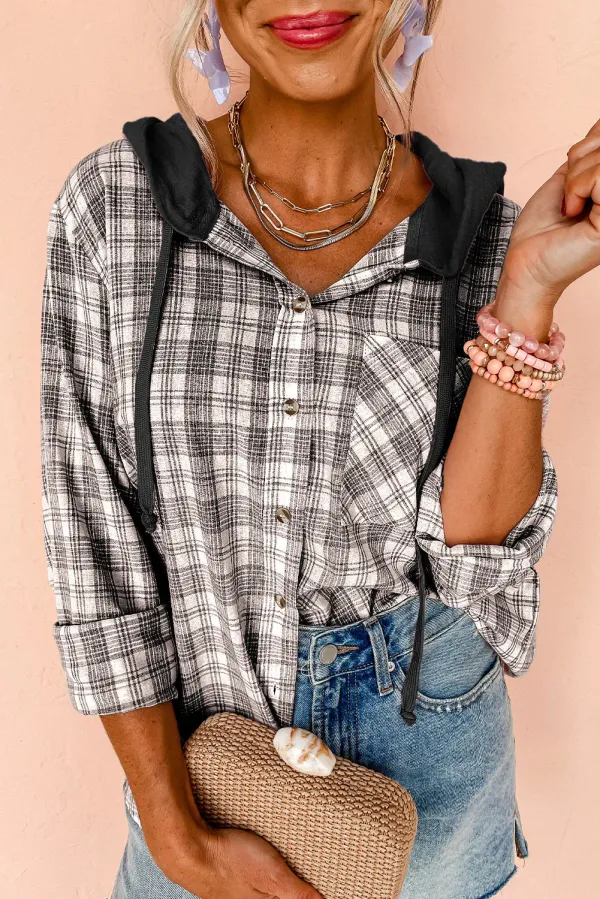 Black Checkered Print Loose Fit Buttoned Hooded Shacket - BLACK / / 65%POLYESTER+%COTTON - BLACK