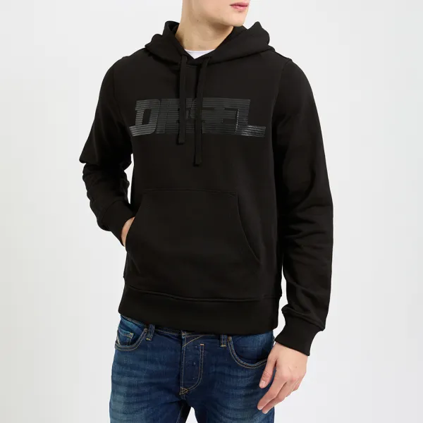 Black Chest Logo Cotton Hoodie - Black